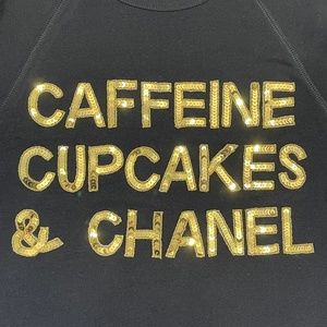 Bow & Drape Custom Sweater, “Caffeine, Cupcakes & Chanel”, XS, NWT